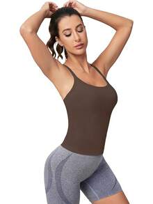 Workout Tops Women With Built In Bra, Sleeveless Gym Tops Seamless Racerback Athletic Yoga Shirts, Activewear - 咖啡 - 查看 6