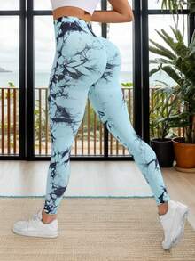 Leggings Yoga Mujer Estampados Vibrantes, Pantalones de Fitness, Elevación de Glúteos y Abdomen, Ajuste Firme para Entrenar - Celeste - Ver 4
