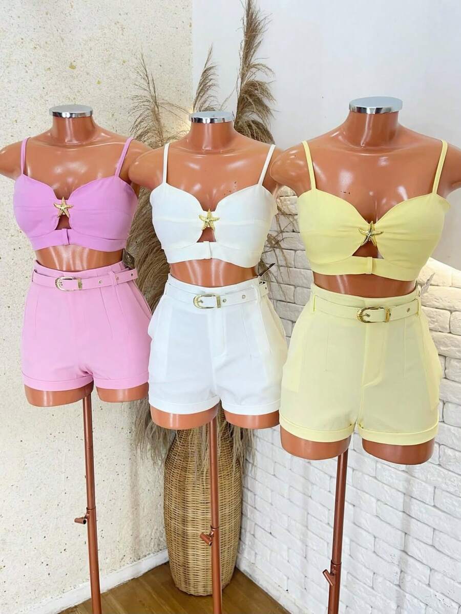 Women's Tailored Shorts With Pocket And Lined Belt, High Waist - Hoa hồng bb - Xem 1