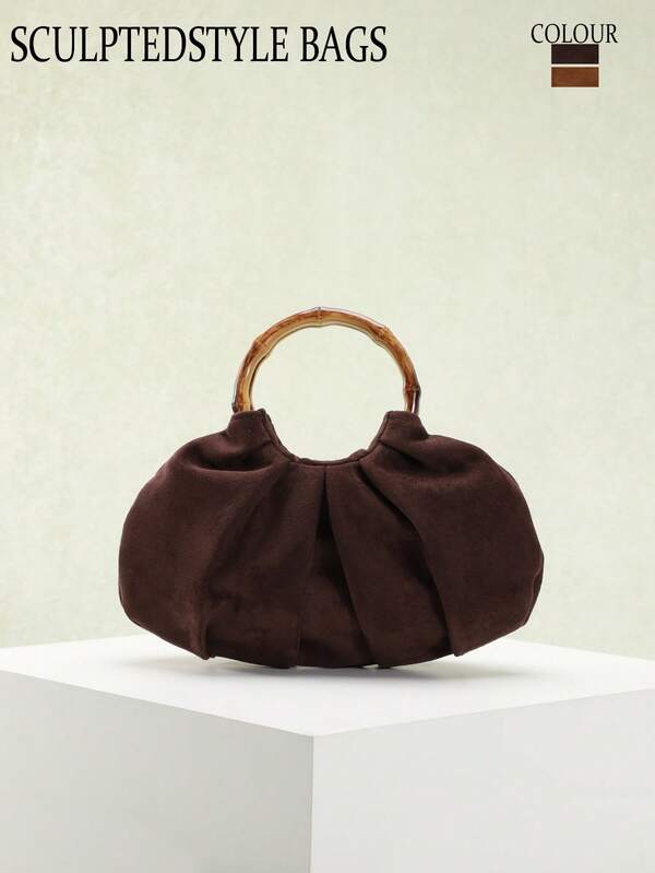 1 pieza Nuevo bolso de tela de otoño/invierno, textura suave estilo Maillard, diseño de bolso de nube plisado, bolso de mano elegante con pliegues, bolso de mano con asa de bambú elegante para señora, adecuado para uso diario, té de la tarde, citas, viajes y múltiples ocasiones