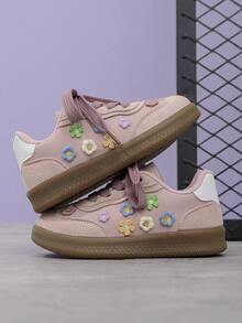 1 Pair Girls Floral PU Hook And Loop Design Classic European Style Casual Sneakers, Suitable For All Seasons - Pink - View 6