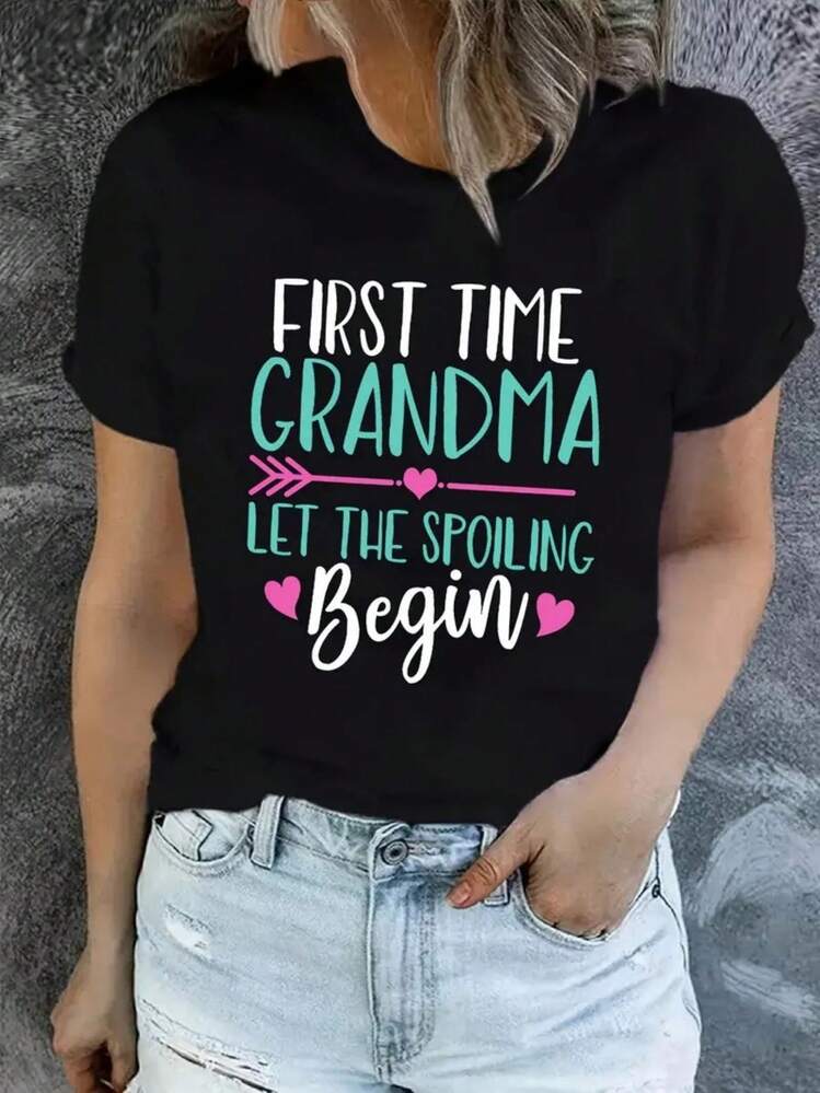 Autumn women's clothing, inspirational grandmother and heart-shaped print, 180g pure cotton short sleeved women's T-shirt for autumn and winter seasons, suitable for sports, outdoor travel and weekends, a great gift for holiday celebrations - Negro - Añade 1