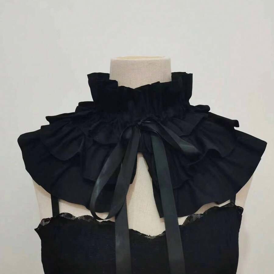 Womens Fake Ruffle Collar False Neck Collar Detachable Solid Color Tie-Up Front Ruched Dickey Collar - Negro - Ver 1