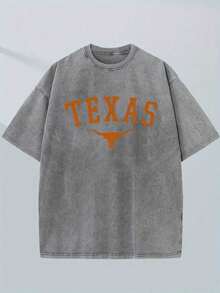 Vintage Texas And Longhorn Print Men's Washed And Distressed Print Round Neck Short Sleeve Casual T-Shirt,Vintage Washed Pure Cotton T-Shirt For Men Women(Game Day & Valentine's Day) - 灰色 - 查看 1