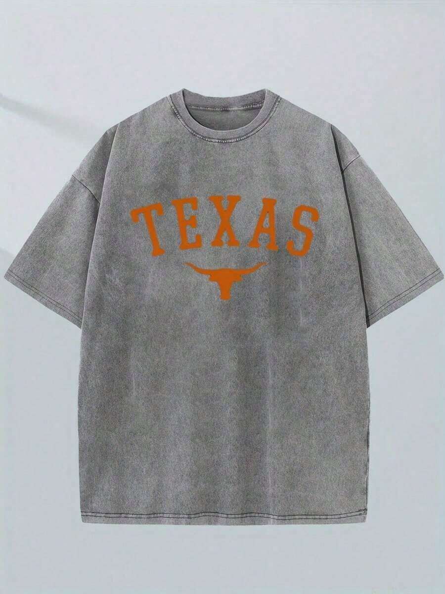 Vintage Texas And Longhorn Print Men's Washed And Distressed Print Round Neck Short Sleeve Casual T-Shirt,Vintage Washed Pure Cotton T-Shirt For Men Women(Game Day & Valentine's Day) - 灰色 - 查看 1