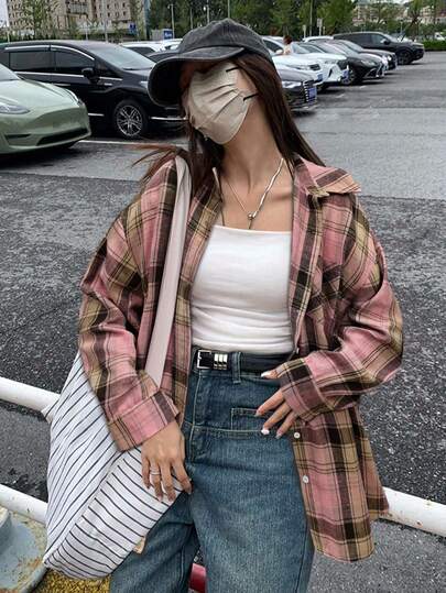 Plus Size Women's New Pink Plaid Loose Casual Comfortable Front Button Pocket Button Suitable For Daily, Outdoor, Commute Wear, All Seasons