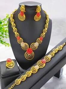 4pcs Fashionable Women's Gold-Plated Spiral Rhinestone Jewelry Set: Necklace, Earrings, Bracelet, Ring. Suitable For European, African, Middle Eastern, Dubai Bride, Wedding, Party Dress, Halloween, Christmas, New Year, Birthday, Holiday Gift, Daily Wear.