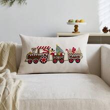 1pc Christmas Gingerbread Man & Christmas Train Embroidered Throw Pillow Cover, Suitable For Indoor Decor, Christmas Decorative Pillow Case, Pillow Insert Not Included