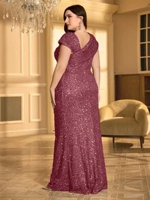 大码亮片褶饰不对称领口礼服派对礼服婚礼宾客礼服晚礼服、新娘礼服、生日女士服装、毕业礼服 - 中紫紅色 - 查看 2