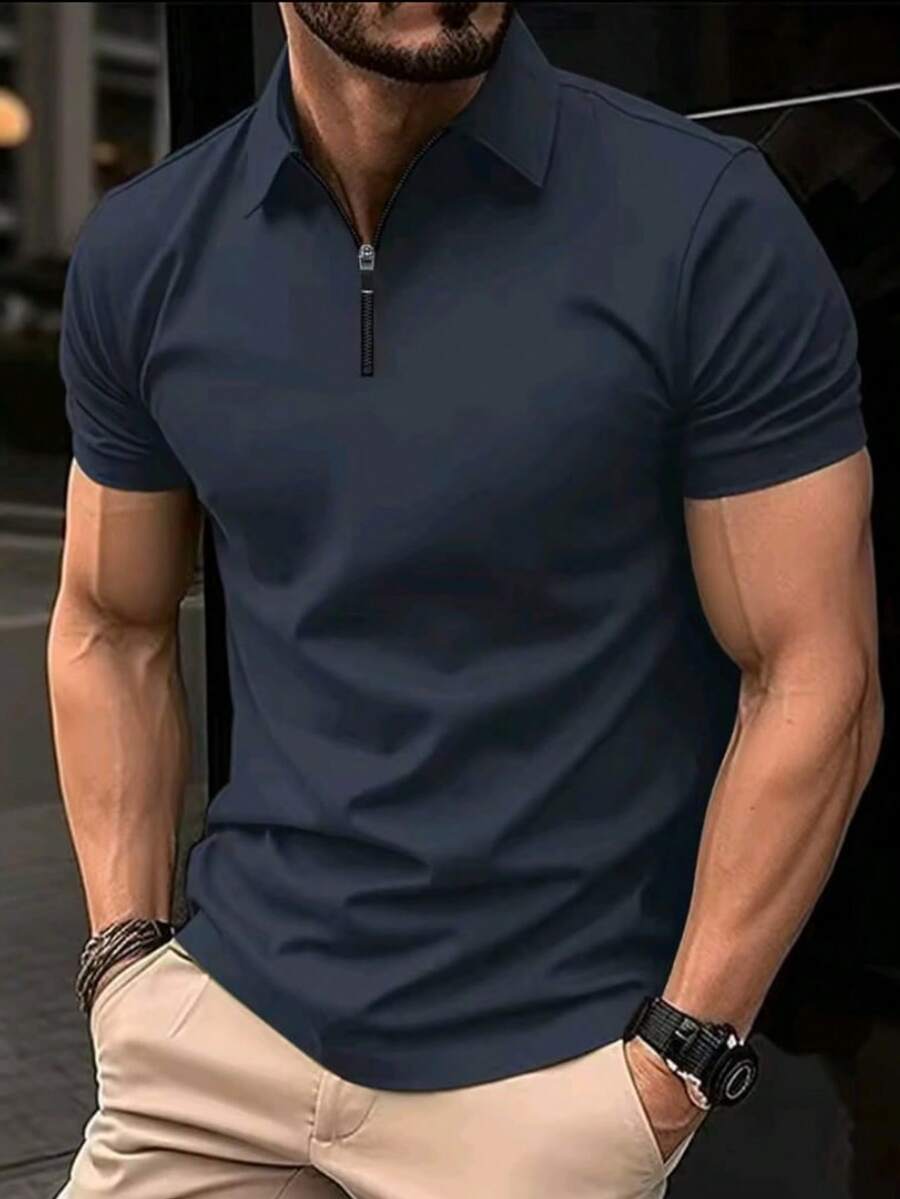 Polo Neck T-Shirt Men's Zipper Short Sleeve Shirt New Release. - 藏蓝色 - 查看 1