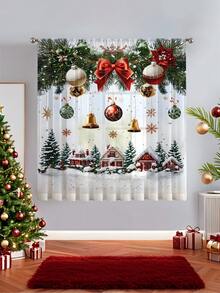 1 buc. Perdea transparentă de Crăciun cu fundă de fulg de zăpadă, material poliester, perdea vaporoasă cu flori aurii de Crăciun, baloane, crengi de pin, brad de Crăciun, potrivită pentru întâlniri de sărbători în sufragerie, petrecere de Crăciun, dormitor, decor de bucătărie, 100g/㎡ decorațiuni de Crăciun decorațiuni de Crăciun decorațiuni de Crăciun decor pentru cameră de acasă decor pentru casă