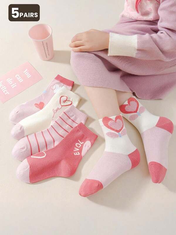 5 Pairs Kids' Colorblock Heart & Striped Mid-Calf Socks
