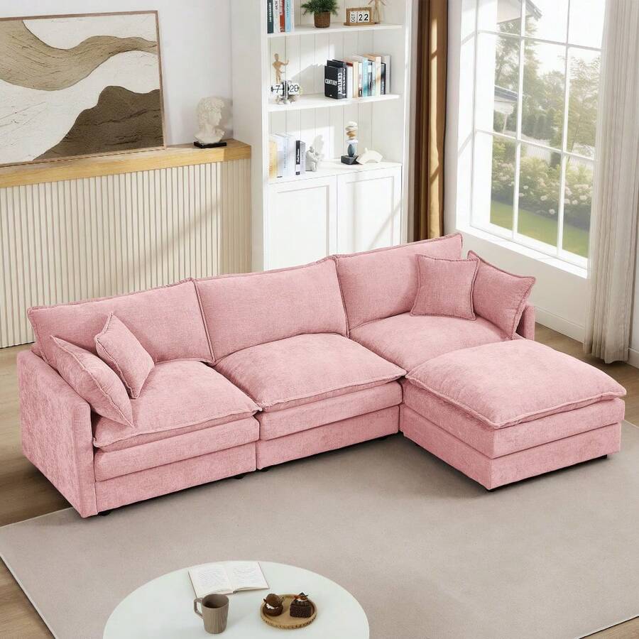 Modular Sectional Sofa, 102 Inch L Shaped Couch Set For Living Room, 3-Seater Comfy Cloud Couches With Movable Ottoman, DIY Combination, Chenille, Green - 粉紅色+雪尼爾+3座 - 查看 1