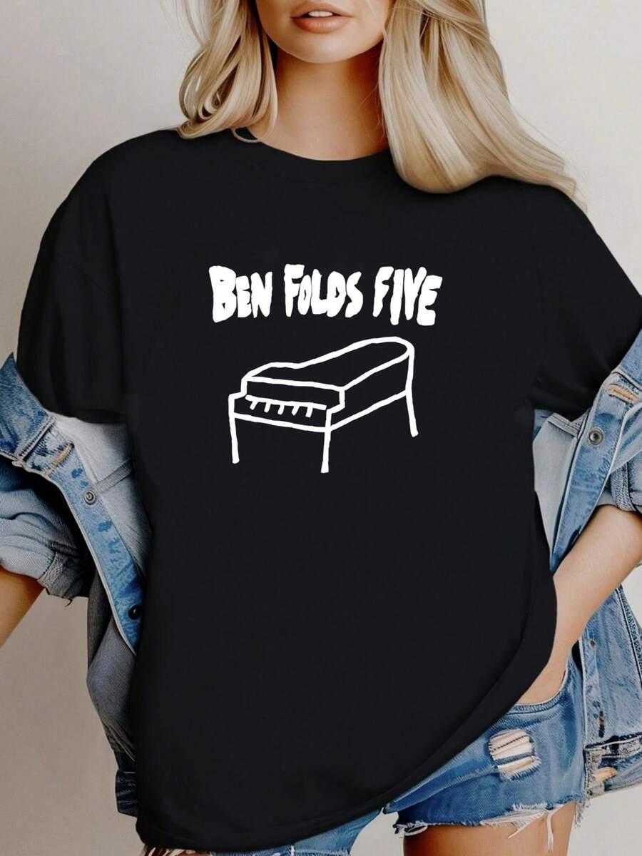180g pure Cotton Vintage 90s BEN FOLDS FIVE Big Piano Nice Image American fashion Stylish Unisex Stretched women designer clothes Women Top Graphic Tees T-Shirt For Women Casual streetwear Comfortable graphic Slightly Print Round Neck Short Sleeve Summer Breathable - Negro - Ver 1