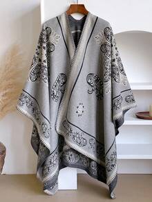 1pc Elegant Vintage Paisley Floral Jacquard Thick Warm Slit Shawl, Women's Bohemian Style Versatile Air Conditioning Shawl Blanket, Suitable For Autumn/Winter Outings, Travel, Photography, Keeping Warm