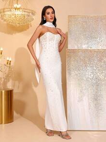 Elegant Beaded Decor Strapless High Slit Bridesmaid Dress, Bandage Party Gown - White - View 4