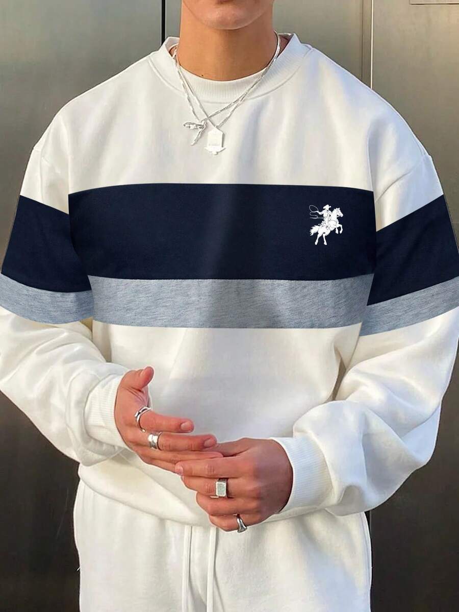 男士極簡馬匹剪影印花拼色對比數位印花薄款長袖圓領運動衫,適合春秋季節 - 白色 - 查看 1