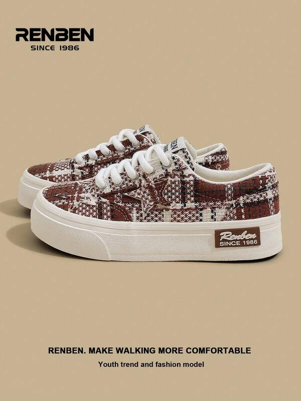 RENBEN 2 piezas/Set Zapatillas de lona con cordones de color marrón casual para mujer, nueva llegada de otoño 2025, estilo de mezclilla, ligeras, suela gruesa, adecuadas para estudiantes de escuela secundaria y universidad