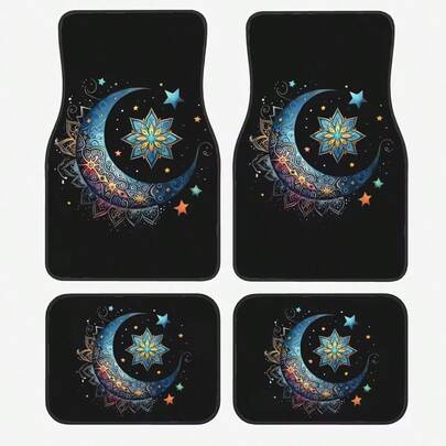4 Stücke Boho-Stil Mond & Stern Muster Auto Fußmatten - Ganzjahres Universal - Passend für Vorder- und Rücksitze - Perfekt für Autos, Limousinen, SUVs, tolles Geschenk für Eltern und Liebhaber