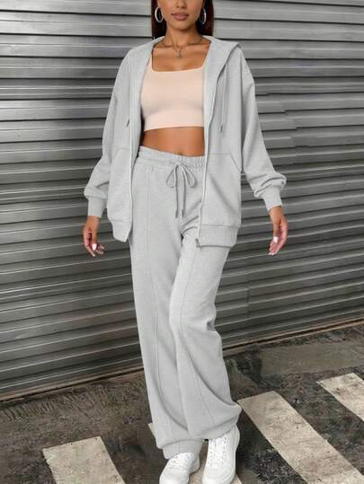 2pcs Solid Color Casual Zip-Up Hoodie Set, Suitable For Beach, Office, Sports, Home, Street, Spring, Autumn, Winter, Graduation, Back To School, Women Teachers, Fall Clothes, Winter Clothes, Halloween Costumes, Saudi National Day Clothes