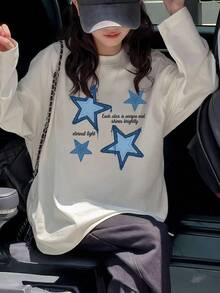 女款白色星星印花圆领长袖T恤，时尚独特初秋新款 - 白色 - 查看 1