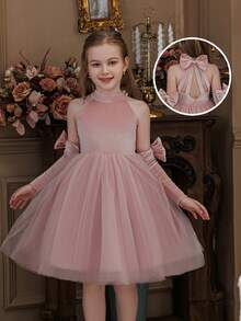 Young Girl Pink Velvet Bow Patchwork Elegant Christmas Party Dress, Princess Dress Suitable For Girls Birthday Party, Prom, Wedding Flower Girl, Thanksgiving, Graduation - 藕粉色 - 查看 5