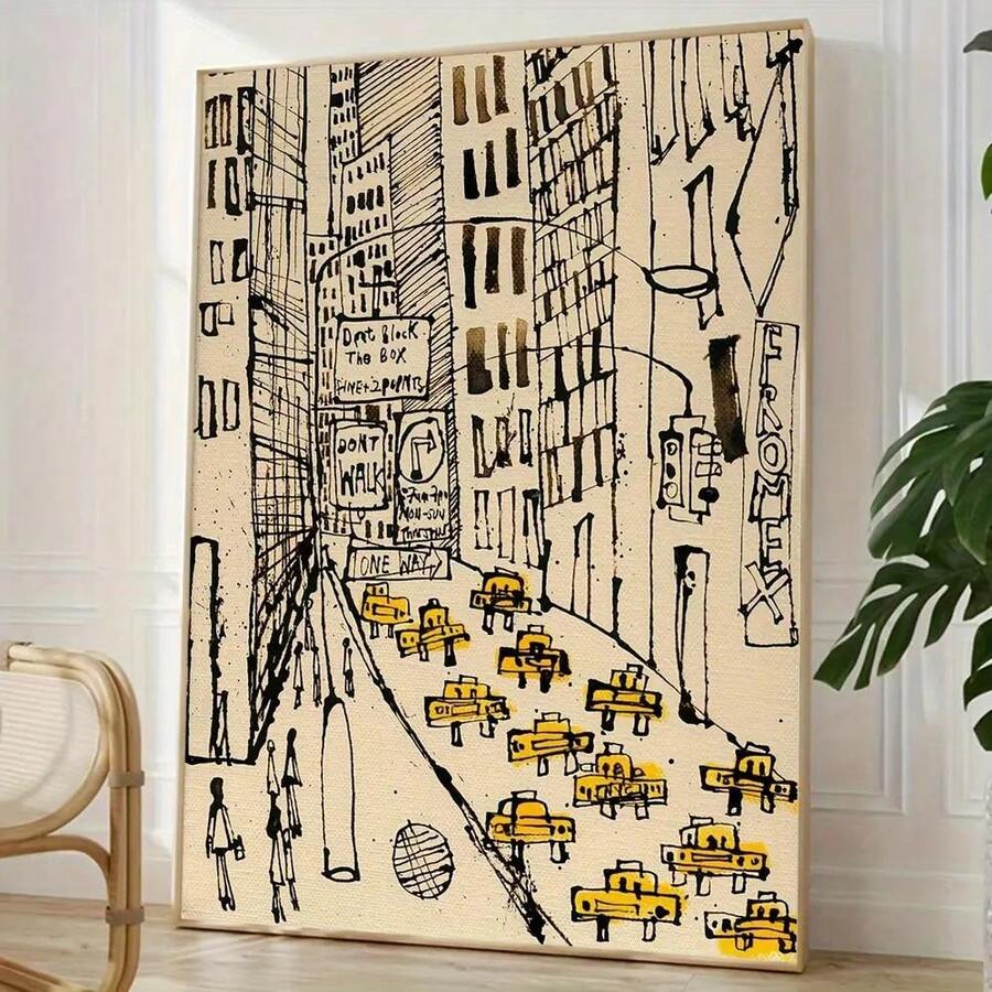 Poster-Vintage-Inspired Yellow Car New York Cityscape Canvas Art Print - Modern Unframed Wall Decor With Black Ink Drawing, Wrapped Canvas Frame, Wood Material, Perfect For Living Room, Bedroom, Or - 彩色 - 查看 1
