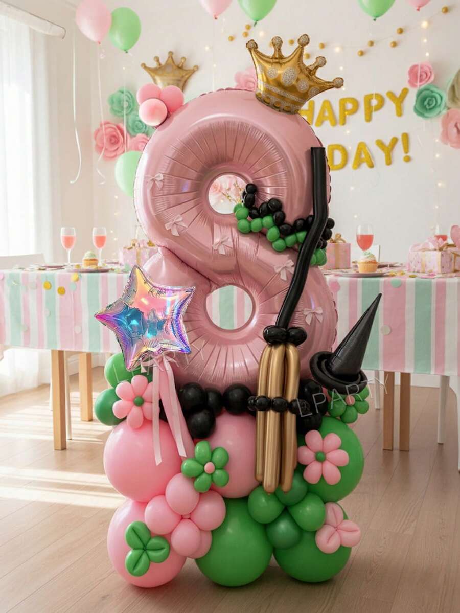 53pcs/Set Dreamy Sweet Princess Style Birthday Party Decorations, 40-Inch Pink Number 0-9 Birthday Party Balloons, 18-Inch Iridescent Star Shaped Transparent Balloons, Mini Crown Balloons, 10-Inch Light Pink And Light Green Latex Balloons, Pink Bow Balloons - Multicolor - View 1