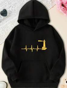 Hoodie Lighthouse Heartbeat Funny EKG Nautical Maritime Tower Gift Hoodie,Fall Hoodies,Men's Fall Clothes,Street Wear,Halloween,Mens Hoodies,Y2k Clothes,Jesus Hoodie,Thanksgiving Day,Nightmare Before Christmas,Christmas - 黑色 - 查看 1