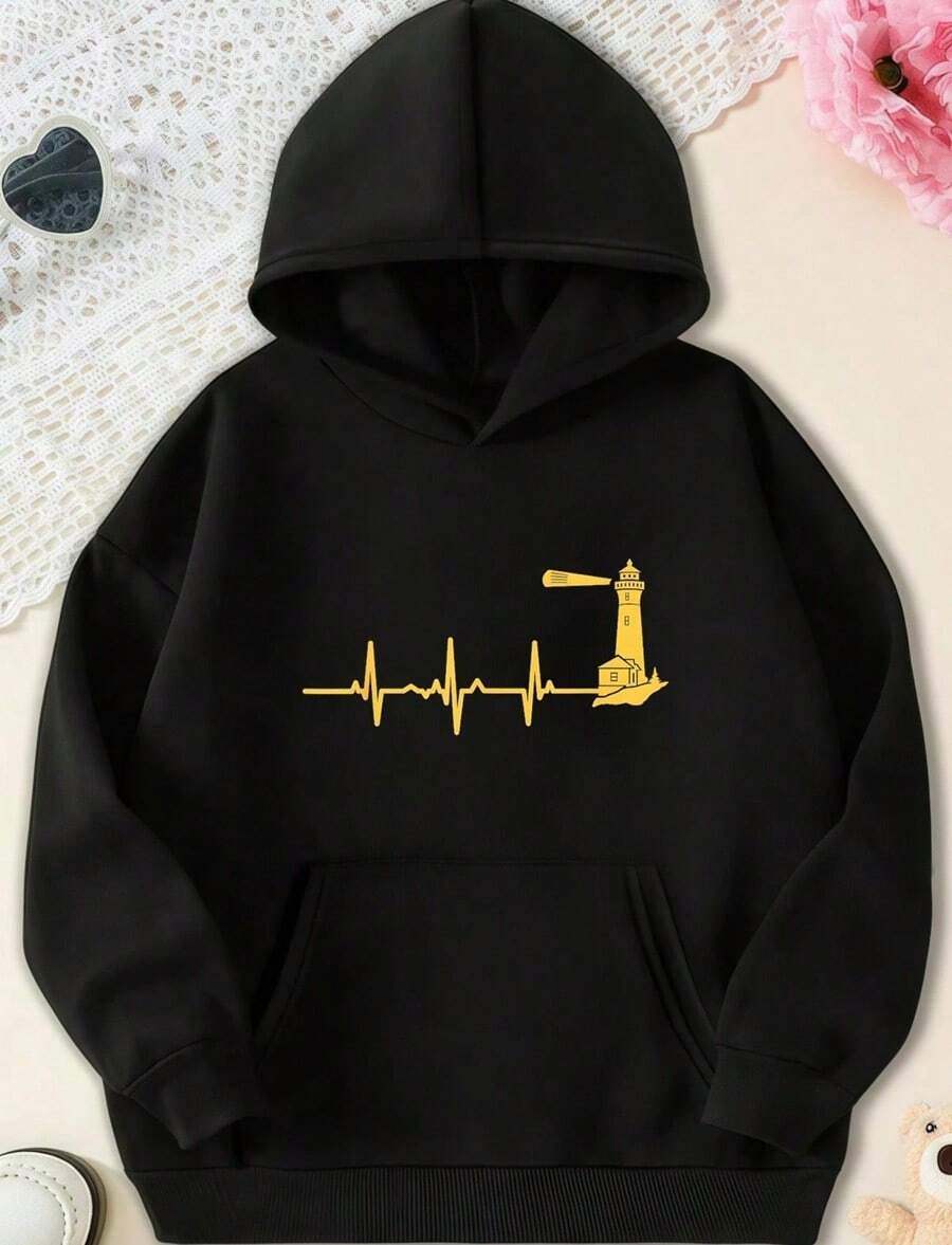 Hoodie Lighthouse Heartbeat Funny EKG Nautical Maritime Tower Gift Hoodie,Fall Hoodies,Men's Fall Clothes,Street Wear,Halloween,Mens Hoodies,Y2k Clothes,Jesus Hoodie,Thanksgiving Day,Nightmare Before Christmas,Christmas - 黑色 - 查看 1