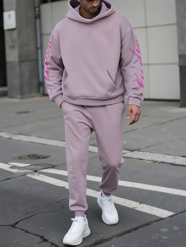 Men's Letter Print Long Sleeve Hoodie With Pocket And Sweatpants Casual Suit, Autumn/Winter