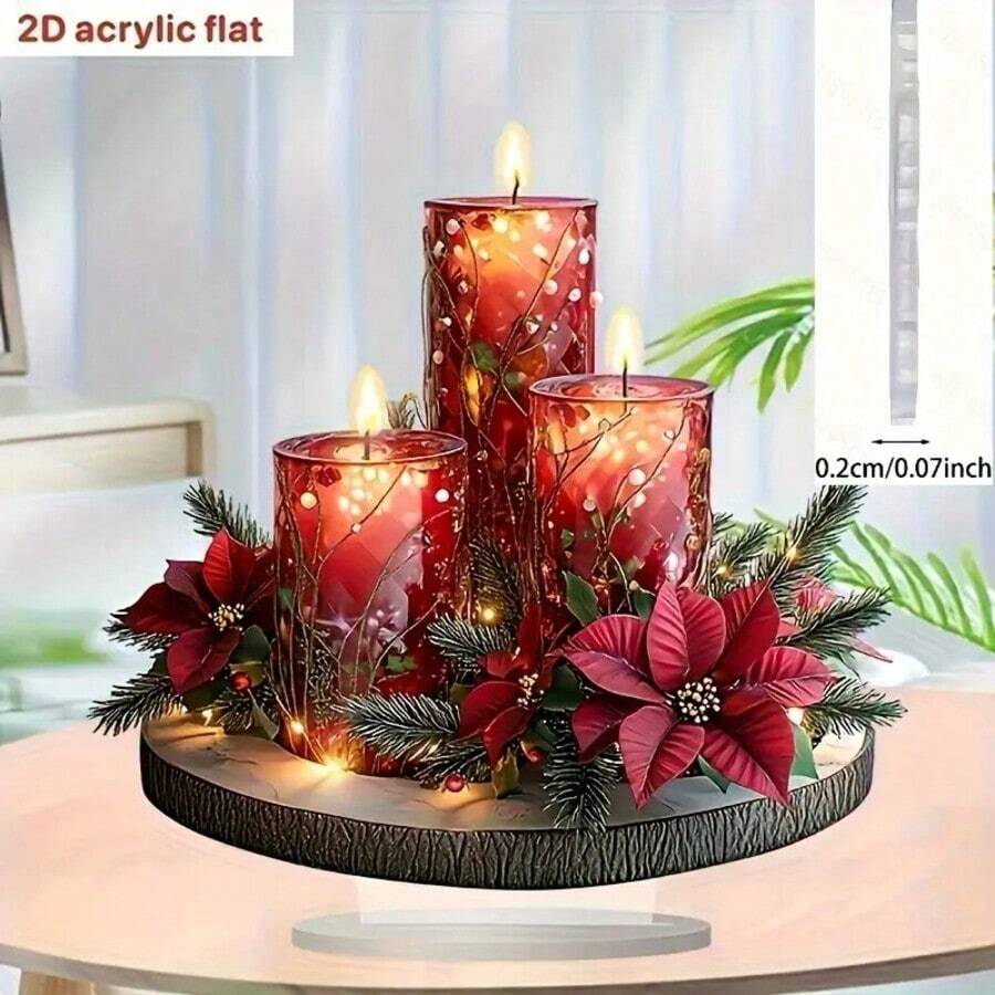 2D Plat Décoration de bougie de Noël bohème - Ornement de table en acrylique rouge faux cire, décoration de bureau inspirante, idéal pour l'atmosphère de la maison et des fêtes, décoration de Noël, accessoires saisonniers pour la maison, artisanat délicat, arrangement de fête, 2D Plat