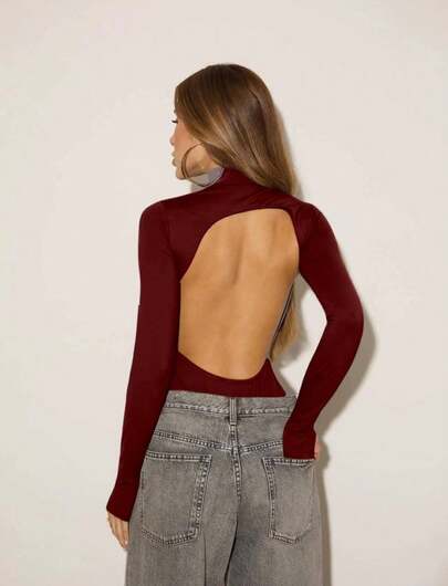 Body Feminino Modelador Collant  segunda Pele Manga Longa Costas Aberta Costa Nua Gola Alta Dedeira Versátil Casual Ocasional Moda Gringa Elegante Básico