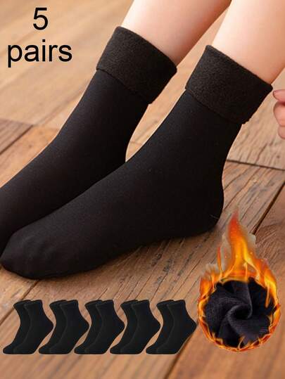 5 paia di calzini corti alla moda da donna con fodera termica, serie nera con fodera in pile, adatti per outfit invernali, calzini caldi