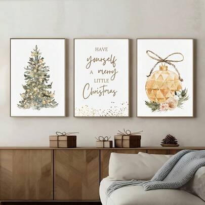3 Set Vintage Rustikale Weihnachtsbaum Leinwanddrucke - Aquarellstil, Ungerahmte Wandkunst für Wohnzimmer, Schlafzimmer, Büro - Perfektes Weihnachtsdekorations-Geschenk