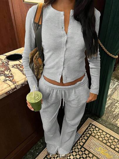 GAOVOT Completo casual da donna in due pezzi, composto da un cardigan a maniche lunghe e pantaloni dritti morbidi