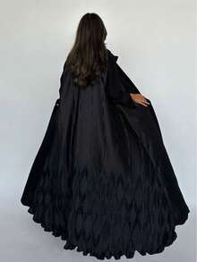 女士时尚黑色长袖卡夫坦长袍/贾拉比亚，梭织面料，后背褶裥设计，略带弹性，适合开斋节穿着。 - 黑色 - 查看 3