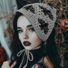 Gothic Crochet Headband Goth Bat Pattern Gray Vintage Hair Bandana For Halloween Christmas Stylish Cotton Knit Triangle Bandana Unique Goth Hair Scarf Accessories For Women Girls#SSDD B BJNHMJ