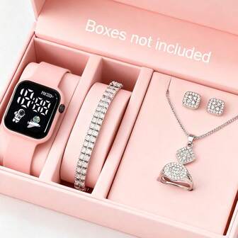 5 件套宇航员和宇宙飞船图案 LED 数字手表，带方形银色水钻首饰套装，适合女士、男士、青少年、学生、情侣、时尚、日常穿着、户外、学校、派对、节日礼物