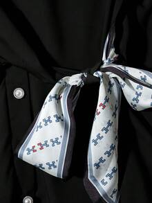 女士黑色长袖束腰围巾系带优雅修身衬衫，适合通勤和外出，春夏款 - 黑色 - 查看 6