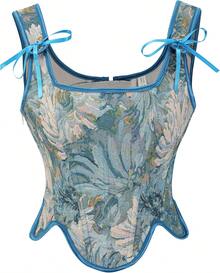 Women's Waist Cincher Bustier Boned Corset With  Design In 2025 - Blue & Beige Floral - View 5