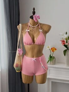 Bellisia 女士甜美格纹三角比基尼套装，夏季沙滩装 - 紅白色 - 查看 1