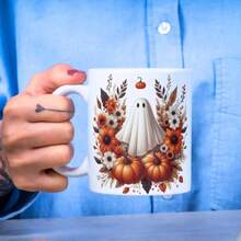 Halloween Mug Wrap, 11 Oz & 15 Oz Pumpkin Coffee Mug Template, Spooky Ghost Mug Wrap, Fall Mug Sublimation Designs, Digital Download - Yellowish White - View 3