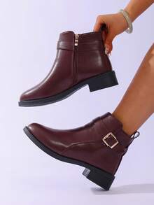 女士时尚百搭拼接金属扣拉链纯色圆头短踝带粗跟踝靴，时尚休闲日常穿着，秋冬季，棕色，皮革 - 酒紅色 - 查看 6