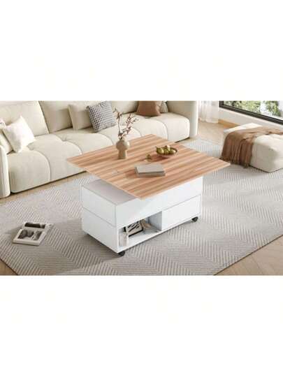 100*50*52cm Couchtisch Mit Rollen, Multifunktionaler Wohnzimmertisch Schubladen, Anhebbarer Kaffeetish, Höhenverstellbar Sofatisch, Beistelltisch Und Esstisch Stauraum, Weiss Holzfarbe view 5