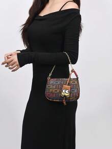 Leather Shoulder Bag for Women Small Clutch Handbag Purse Letter Pattern Underarm Bag Ladies Designer Evening Bag Detachable Chain Strap Wristlet Wallet Bag with Cute Minions Bag Charm - 黑色1 - 查看 4