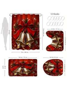 1/4pcs Christmas Bell Pattern Shower Curtain Set, Includes 12 Hooks, Bathroom Decor Accessories, Non-Slip Bath Mat, U-Shaped Mat, Toilet Seat Cover, Home Decor, Complete Bathroom Set (1pc/4pcs Optional) - Multicolor - View 4