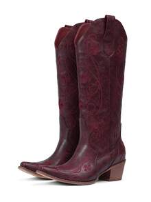 Women's Western Cowgirl Cowboy Boots Burgundy, Embroidered Knee High Side Zipper, Chunky Heel Vintage Distressed Retro Style, Winter Shoes Halloween Costume Christmas Gift Holiday Party New Year's Eve - 酒紅色 - 查看 9
