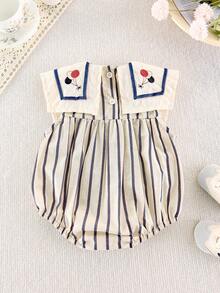 Pakaian Musim Panas Bayi Perempuan, Bodysuit Bergaris Vertikal dengan Kerah Pelaut Gaya Korea - Khaki - View 3