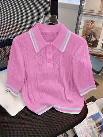 夏季镂空设计Polo领休闲学院风针织上衣，百搭又独特